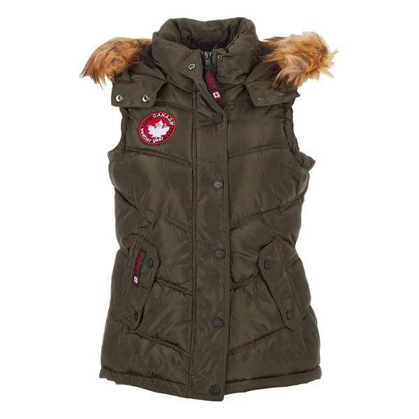 Canada Weather Gear Women's Puffer Vest with Faux Fur Trim Hood - Olive / S