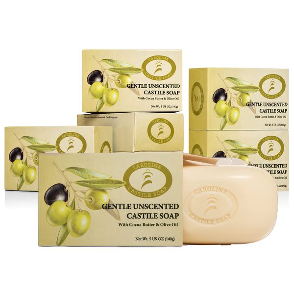 Carolina Castile Soap Vegan Unscented Castile Bar Soap – 6 Bars of Natural Soap for Men, Women, and Kids – Gentle, Hydrating Castile Soap Bars with Organic Cocoa Butter and Olive Oil, 5 Oz. Each