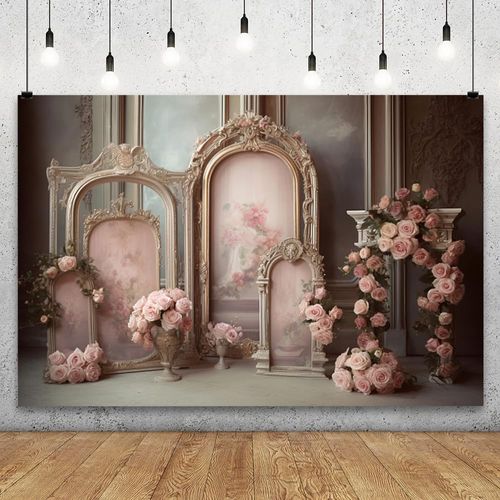 YongFoto European Retro Elegant Room Interior Wall Backdrop 9x6ft French Arched Oil Painting Frame Floral Vase Garland Photography Background Wedding Party Home Art Decor Portrait Photoshoot Props