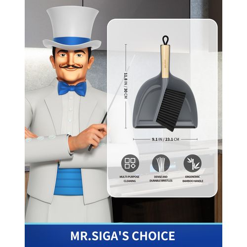 MR.SIGA Dustpan and Brush Set, Portable Cleaning Brush and Dustpan Combo with Bamboo Handle, Gray, 1 Set