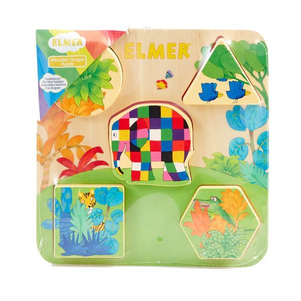 Rainbow Designs Official Elmer - Wooden Shape Puzzle Toy For Toddlers And Children Early Learning And Development, 5 pieces