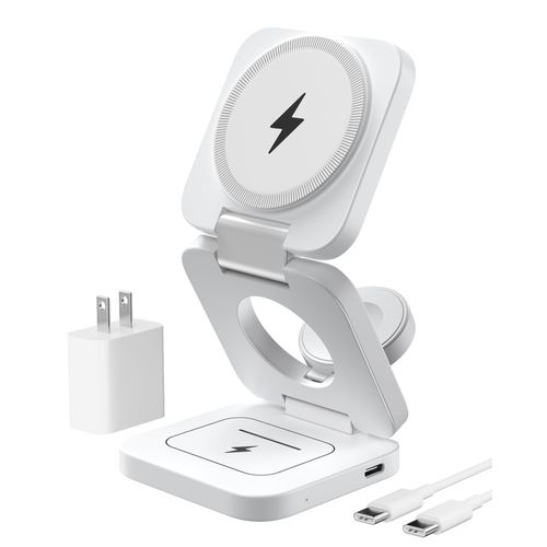 Foldable 3 in 1 Charging Station for Apple Devices, KU XIU X55 15W Fast Magnetic Wireless Charger, Magnetic Travel Charger Stand for iPhone 16 15 14 13 12 Series, 5W for Apple Watch, AirPods-White