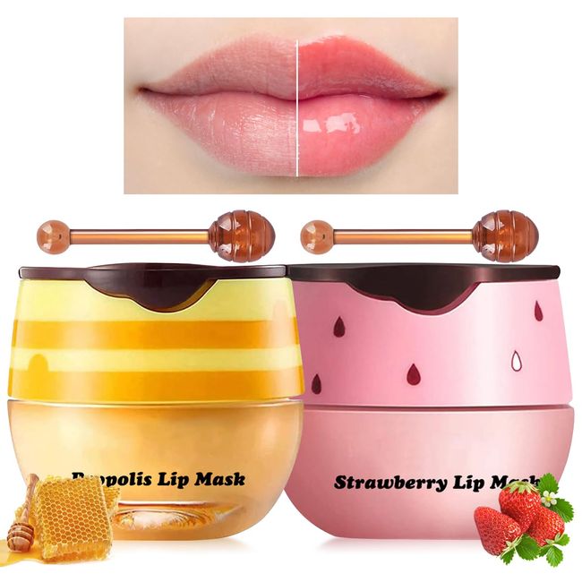 2PCS Bee Balm Lip Balm Honey Pot, Honey Strawberry Lip balm Lip Mask with Stick, Moisturizing Lip Sleeping Mask Day & Night Lip Care - Hydrate Repair Prevent Dry Cracked Exfoliate (Honey & Strawberry)