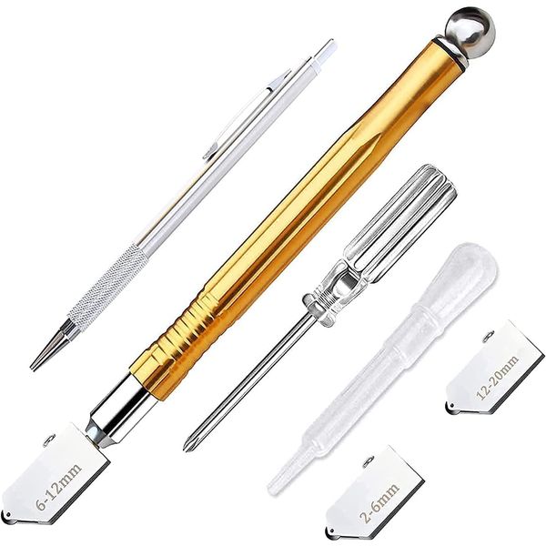 KEWAYO 6 Piece Glass Cutter, Carbide Glass Cutter, Mirror Tile Cutting Head, 0.02 - 0.4 inches (2 - 6 mm), 0.2 - 0.5 inches (6 - 12 mm), 0.5 - 0.8 inches (12 - 20 mm), Oil Supply Glass Cutter, Cutting