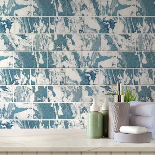 Alwayspon Wall Tile Transfers Sticker for Home Decor, Peel & Stick self-Adhesive splashback,Stick On Tile Decals for Living Room Kitchen Bathroom Decor, Brazil Blue Marble, 9 Pieces