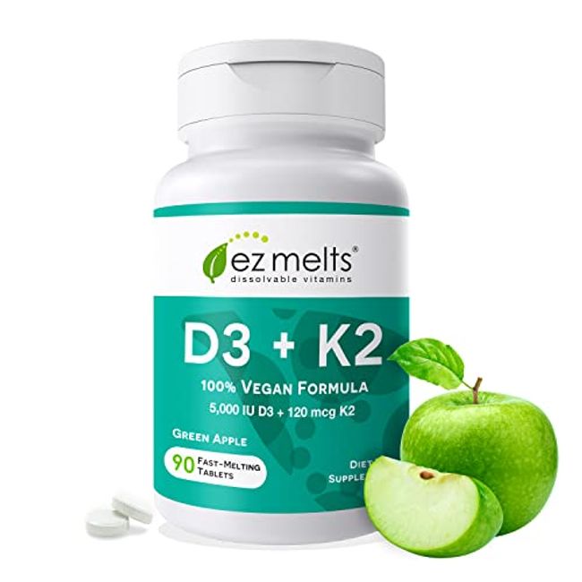 EZ Melts Vitamin D3 + K2 - Quick Melt Tablets with 5000iu of Plant Based D3 and 100mcg of Vitamin K2 - 90 Day Supply