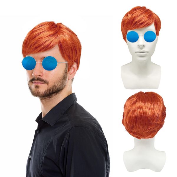 UILYNIU 2 Pcs Mens Wig with Sunglasses Ginger Wig Men's Short Wig Boyband Wig Fancy Dress Wig Punk Wig Rock Wig Orange Wig for Men 60s 70s 80s Costume Accessories for Party Punk Carnival (Orange)