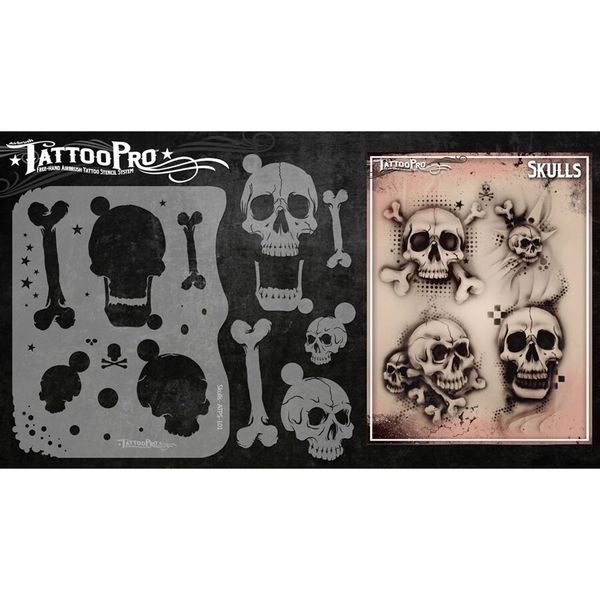 Tattoo Pro Airbrush Stencil Series 1 - Skulls, Mylar Airbrush Tattoo Template, Reusable Face Paint Stencil