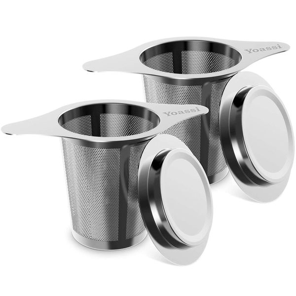 Yoassi 2 Pack Tea Infuser, 304 Stainless Steel Tea Filter Strainer with Lid and Double Handles Perfect for Hanging on Teapots, Mugs, Cups to steep Loose Leaf Tea and Coffee