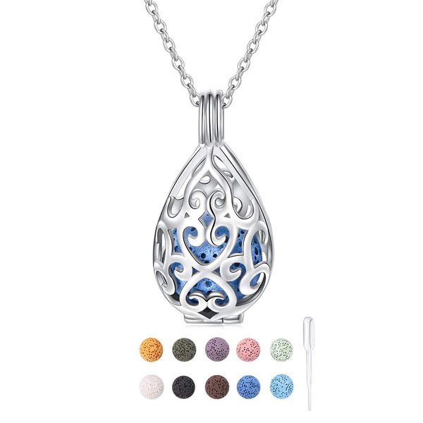 DAOCHONG S925 Sterling Silver Aromatherapy Essential Oil Diffuser Necklace Teardrop Locket Perfume Pendant Necklace Jewelry 18+2 inches Adjustable Chain with 10 PCS Stones