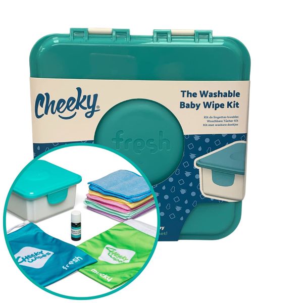 Cheeky Wipes Reusable Hands & Face Kit – 25 Washable Rainbow Micro Fibre Baby Wipes, 15x15cm, Fresh Wipes Storage Container, Fresh Travel Bag & Mucky Wipes Bag, Includes Fresh Essential Oil Baby Wipes Soaking Solution (10ml)