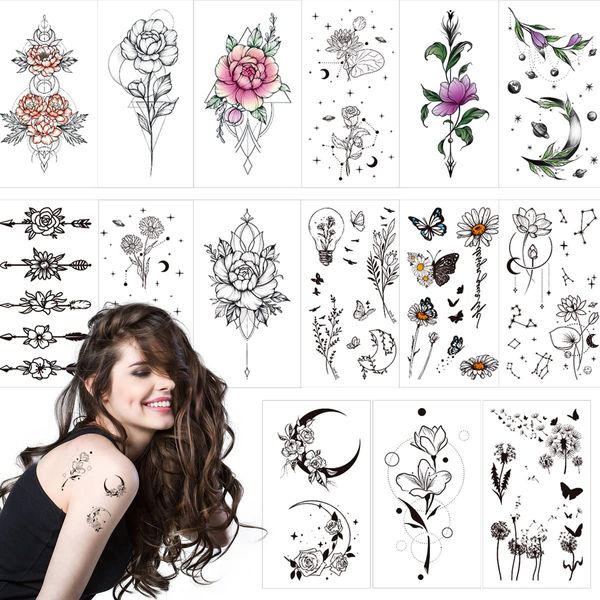 VIWIEU 15 Pcs Tattoo Stickers Small Beautiful Flowers Women Temporary Tattoo Body Seal Realistic Women Teen Girls Rose Lotus Daisy Butterfly Moon Star Gift Tattoo Set for Face, Neck, Chest, Bone, Clavicle, Arm, Waist, Belly Body-Art Waterproof Long Lastin