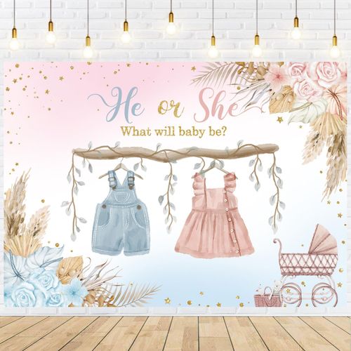 Withu Boho Gender Reveal Backdrop for Photography He Or She Blue Pink Cute Clothes Floral Flowers Boy or Girl Baby Shower Party Background Decorations Banner 6x4ft