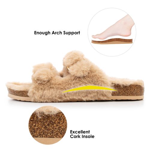 FITORY Womens Open Toe Slipper with Cozy Lining,Faux Rabbit Fur Cork Slide Sandals Size 8