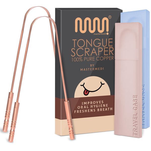 MasterMedi 100% reines kupfer zungenschaber mit reiseetui - 2 pack all natural ayurveda zungenreiniger, bannt mundgeruch und pflegt mundhygiene, groß grip (Set of 2 (Copper Tongue Scraper))