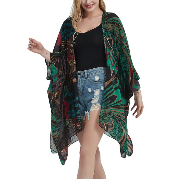 Women's Beach Long Swimwear Cover Up Swiss Dot Chiffon Kimono Cardigan Swimsuit