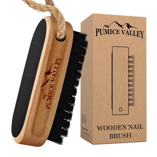 Wooden Cleaning Finger Nail Brush with Nylon Charcoal Bristles & Hanging Rope - Emery Surface & Fingernail Brush for Scrubbing Fingernails and Toes (Beechwood)