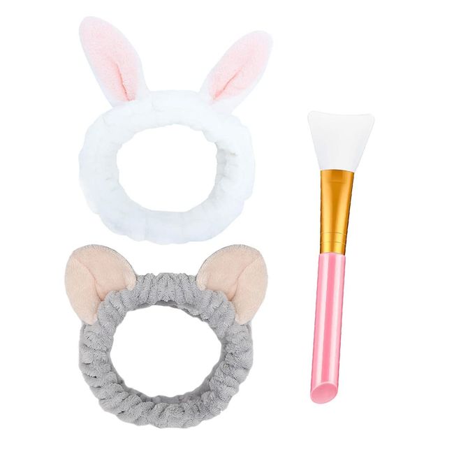 SIOPPKIK Haarband für Make Up - 2 Stück Damen Kosmetisches Stirnband Elastische Korallen Fleece Haarbänder mit 1 Stück Silikon Maskenpinsel für Waschen Gesicht Spa Yoga Sport Beauty