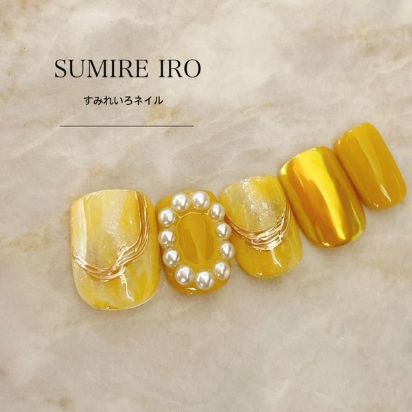 Nail tips False nails Bridal nails Short Coming-of-age nails Design Simple nails Nail Beige nails Small nails Large nails Very short Chibi nails Adult nails False nails Custom nails<br> [o2199] Yellow mustard surround pearl marble mirror