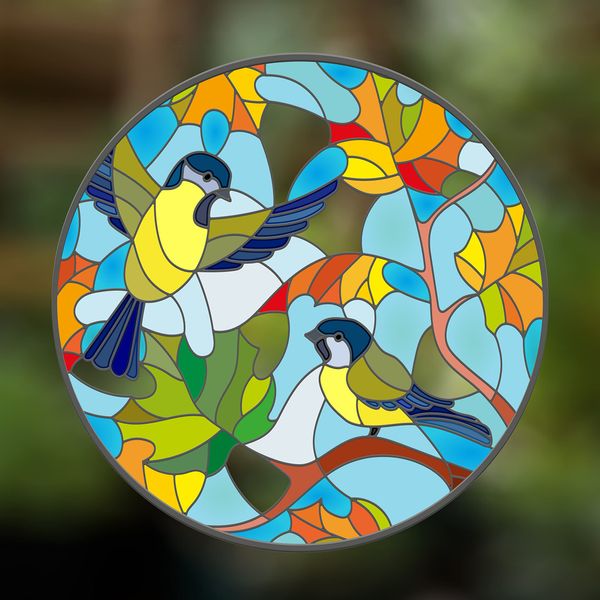 Small Birds Stained Glass Window Stickers - Beautiful Decorative Stained Glass Suncatcher Window Stickers for Glass