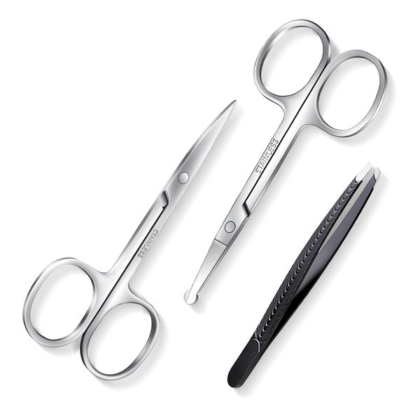 Facial Hair Small Grooming Scissors for Men Women-Curved and Rounded Nose Hair, Eyebrow, Mustache, Eyelashes, Beard Trimming Scissors Kit-Safety Blunt Tip Baby Nail Scissors with Eyebrow Tweezers Set