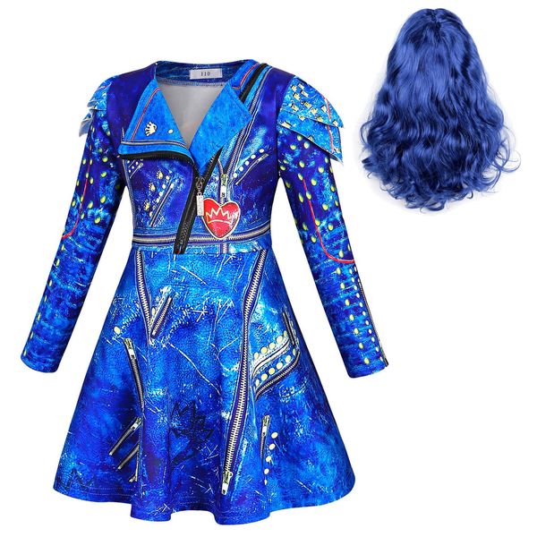 HenzWorld Evie Dress for Girls Descendants Long Sleeve Clothes Princess Costume Halloween Cosplay Party Dress up Outfit with Wig 10（9-10Years,140）