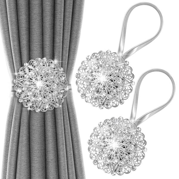 Curtain Tie Backs, Sparkling Floral Decorative Magnetic Curtain TieBacks, No Drilling Curtain Holdbacks, Stainless Spring Wire Drapery Curtain Holder Buckle for Home Office. (Silver 2 Pack)