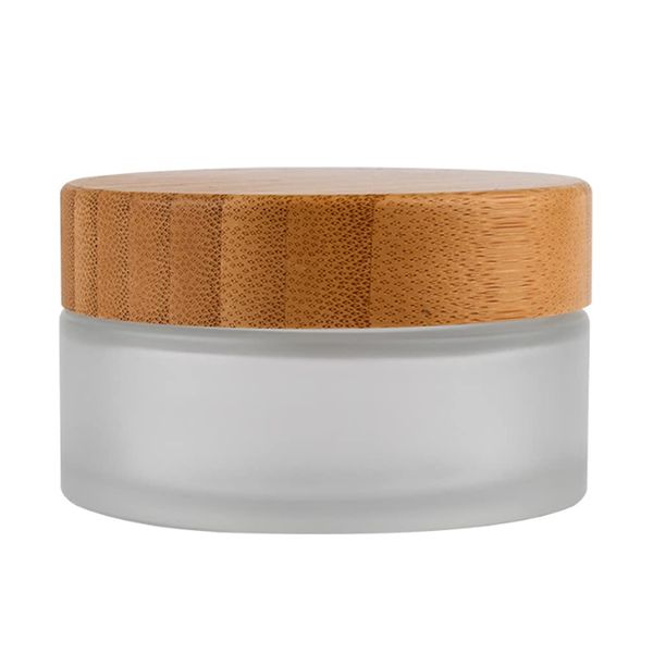 1 Pcs 100G 100ML Empty Translucent Frosted Glass Round Cream Jar Cosmetic Storage Container Toiletries Bottle with Natural Wood Lid Inner Liner and for Body Cream Lotion Conditioner etc