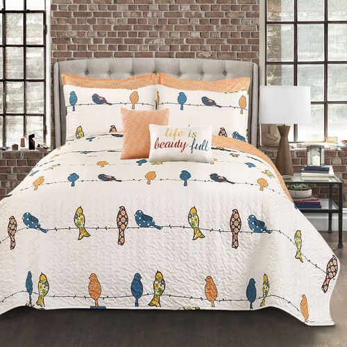 Lush Decor Rowley Birds Quilt Set, 7 Piece Set, King, Multi - Reversible Bird Bedding Set With Pillow Cases & Throw Pillows - Colorful, Whimsical, & Playful Floral Bird Print