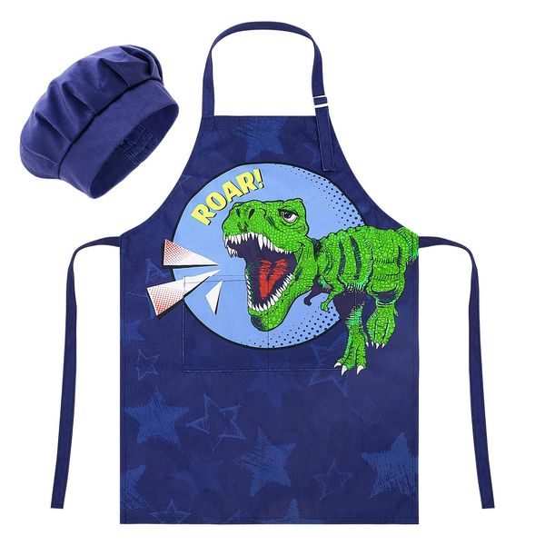 MHJY Kids Apron and Chef Hat for Boys Dinosaur Child Aprons with Pockets,Adjustable Child Apron for Cooking Baking Painting,Navy-Green,Small (3-7 Years)