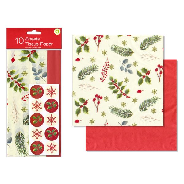 10 Christmas Tissue Paper Sheets Traditional Holly Design Foliage Paper Present Gift Wrapping for Gift Boxes/Bags Recycled Christmas Crafts Decorations
