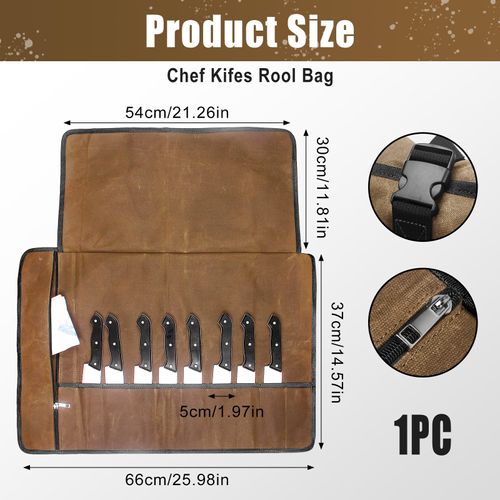 Knife Roll,Knife Bag,Knife Case,Waxed Canvas Chef Knife Bag,Portable Knife Roll Bag With 10 Slots Plus 1 Zipper Pockets Can Hold Home Kitchen Knife Tools Up To 18.8”,Heavy Duty Knife Bags For Chefs