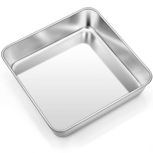 TeamFar 8 Inch Square Baking Pan, Square Cake Brownie Pan Stainless Steel for Wedding Christmas Party, Healthy & Non Toxic, Sturdy & Brushed Surface, Dishwasher Safe