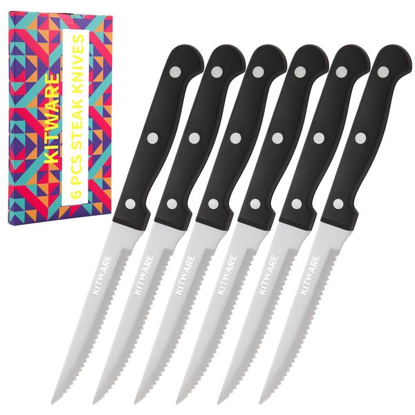 KITWARE Steak Knives Set in Gift Box,4.5 inch Sharp Steak Knives Set of 6, Serrated Edge Knife with Black Handle,Stainless Steel Knifes for Bread, Butter and Meat