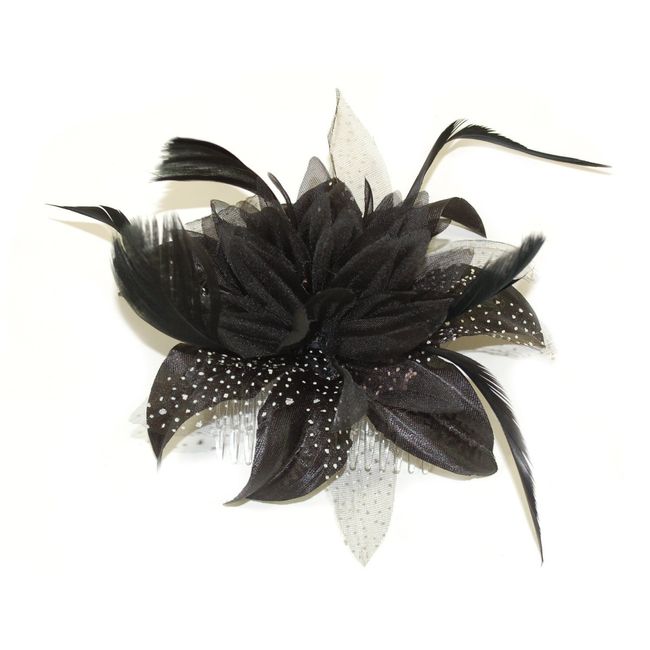 Stunning Black Flower And Feather Hair Comb Fascinator