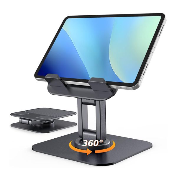Tablet Stand, iPad 360° Rotating Base, Foldable, Height Adjustable Angle, Compact Tabletop Stand, Anti-Slip Stability, Ergonomic Design, Compatible with Many Models, iPad Pro, Smartphone, Switch