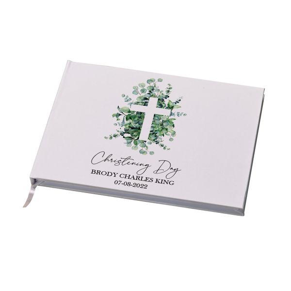 Personalised Christening Guest Book Eucalyptus and Cross White