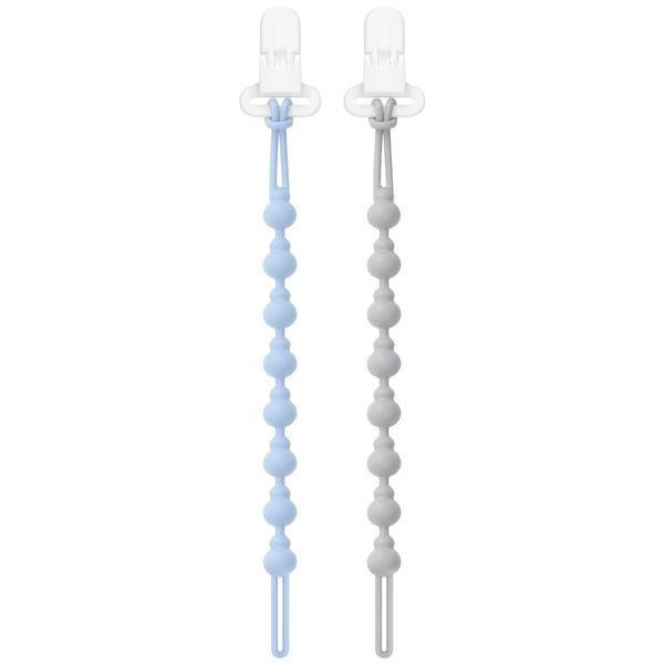 BEBOAN Silicone Dummy Clips for Boys and Girls, 2 Pack Soother Chains Soft Flexible Pacifier Clips with Clasp for Baby Unisex Newborn Dummies Teething Toys (Blue+Grey)