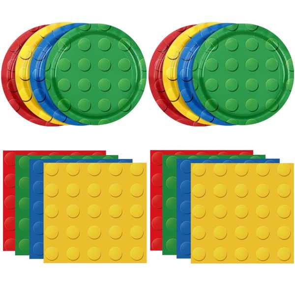 DURYGEN 80PCS Building Blocks Themed Birthday Party Decorations Building Bricks Tableware Party Paper Plates Napkins Building Block Dinnerware Set for Boys, Kid’s Birthday Party Decorations Serve 20