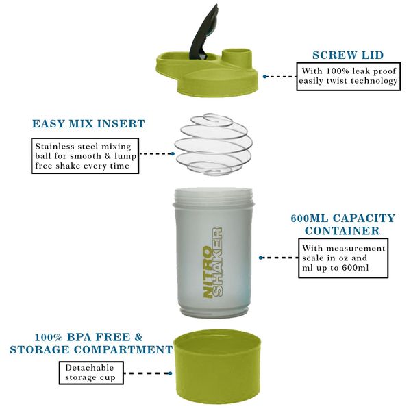 1 x 600 ML Plastic BPA Free Protien Shaker Bottle with Storage Compartment for Protein Powder Supplements Measurement Scale Steel Mixing Ball Leak Proof Flip Cap Screw Lid 100% Food Grade (green)