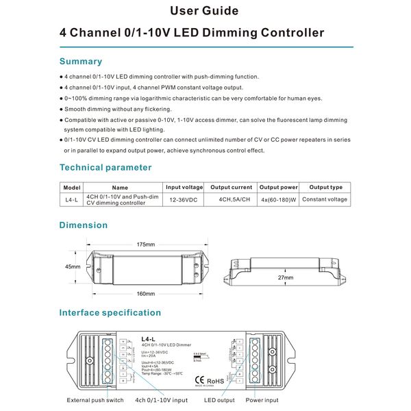 4 Channel 0/1-10V LED Dimming Controller 4CH 5A/CH Smooth Dimming without any flickering 12-36VDC