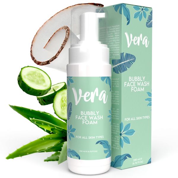 Vera Foaming Face Wash - Deep Face Cleanser & Oily Skin Face Wash Containing Aloe Vera, Cucumber & Kakadu Plum - Foaming Cleanser for Oily Skin - Exfoliating Face Wash Women & Coconut Face Wash, 200ml