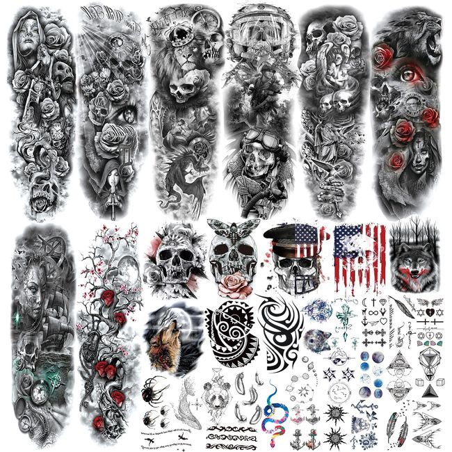 PADOUN 38 Sheets Temporary Tattoo Sleeves for Women, 8-Sheet Full Arm Tattoo Sleeve and 4-Sheet Half Arm Body Tattoo Stickers For Men Adults Halloween Party