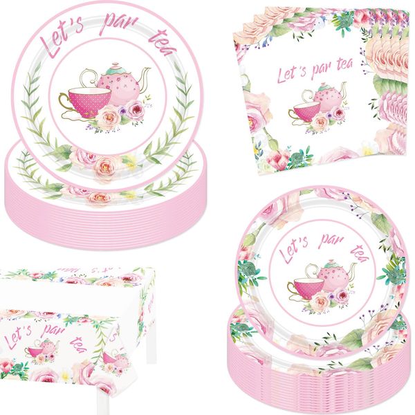 Tea Party Supplies 10pcs Let's Par Tea 9" Plates and 7" Plates 20pcs Tea Time 7" Napkins 42.6" x 70.8" Floral Tea Tablecloth Teapot Teacups Themed Tableware for Bachelorette Party Decorations