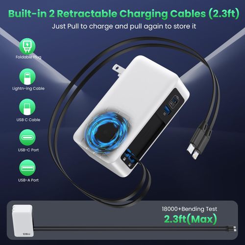120W USB C Charger Block with 2 Built-in Retractable Cables,4-in-1 GaN IV Foldable Plug Wall Charger Fast Charging Station,PD 65W Laptop Adapter for MacBook/iPad,iPhone 16/15/14,Android (White)