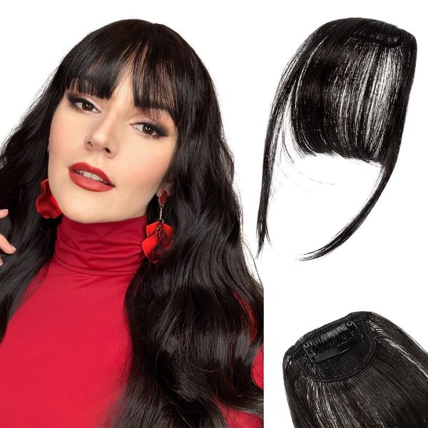 2Pcs Clip in Pony Haarverlängerung Haarteil, Clip in Fransen Fringe Bangs Verlängerung Haarteil Extensions Bangs natürliche Fringe Dünn Bang für Frauen Mädchen, One Piece In Front Hair, Schwarz