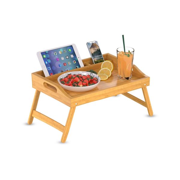 Bamboo Bed Tray Table with Handles and Folding Legs - Kitchen Serving Tray