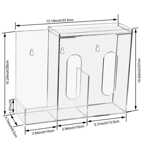 SEANADO Face Mask Dispenser 3 Compartment Acrylic Glove Box Holder Hygiene Station for Disposable Face Masks, Emesis Bag, Shoe Cover and Hairnet, Wall Mount Holes or Tabletop Holder （Clear）