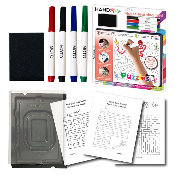 HandMoto Dry Erase Board with Tracing Paper for Kids - White Board for Writing, Learning & Drawing - Handheld Tracing Board (1 Board, 10 Puzzle Tracing Papers, 4 Markers & 1 Eraser)(9x12)