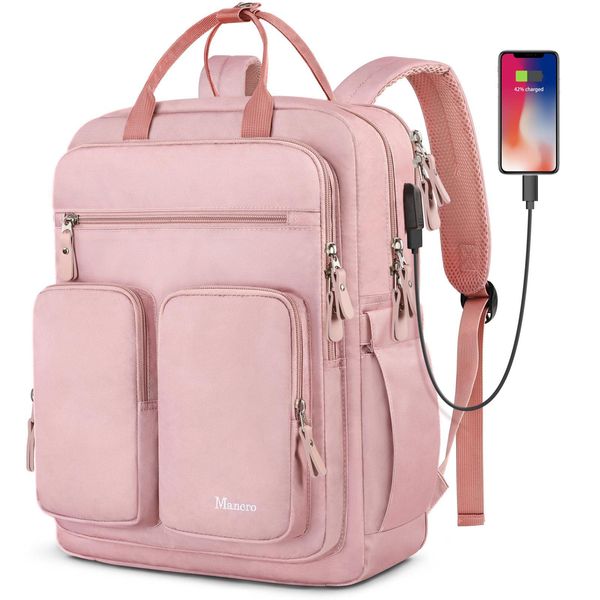 Mancro Travel Backpack for Women, 15.6 Inch Laptop Backpack with USB Charging Port, Waterproof Business Work Backpacks, Fashion College Backpack Gifts for Women, Pink